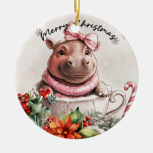Ornamento De Cerâmica Hippo Christmas temed