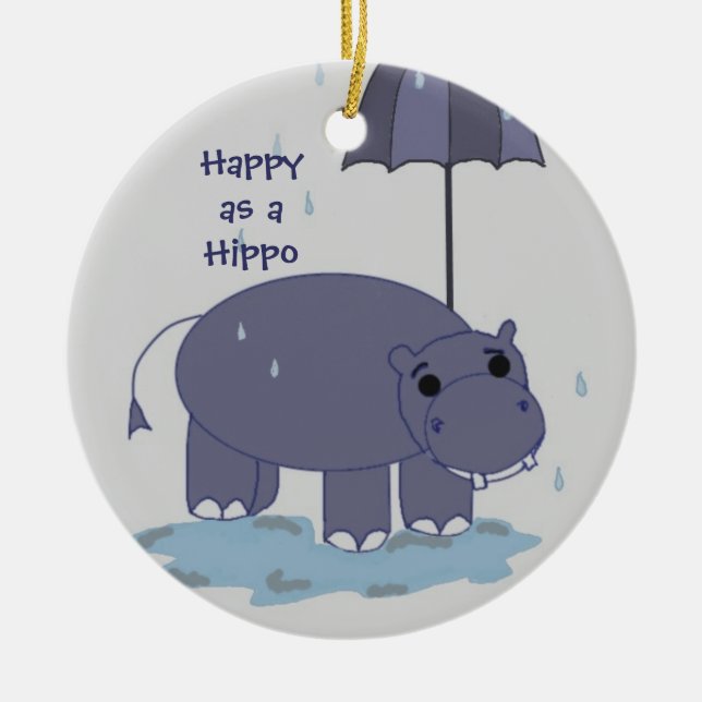Ornamento De Cerâmica Hippopotâmio púrpura com guarda-chuva (Frente)