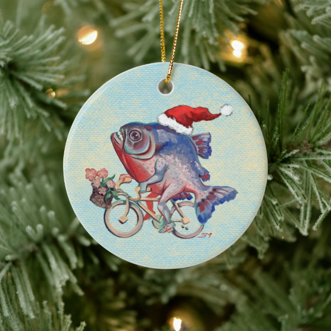 Ornamento De Cerâmica Hipster Piranha Em Uma Bicicleta Vestindo Santa Ha (Árvore)