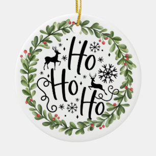 Ornamento De Cerâmica Ho Ho Ho Watercolor Wreath Cerâmica