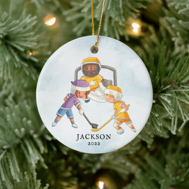 Ornamento De Cerâmica Hockey Boy Personalizado Natal (Árvore)