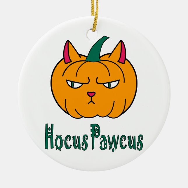 Ornamento De Cerâmica Hocus pawcus Halloween abóbora gengibre magia (Frente)