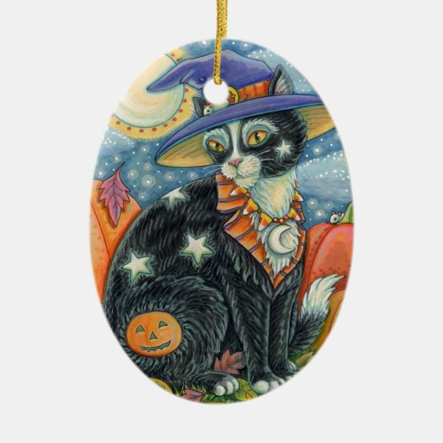 ORNAMENTO DE CERÂMICA HOCUS POCUS BLACK CAT WITCH & MOUSE HALLOWEEN (Frente)