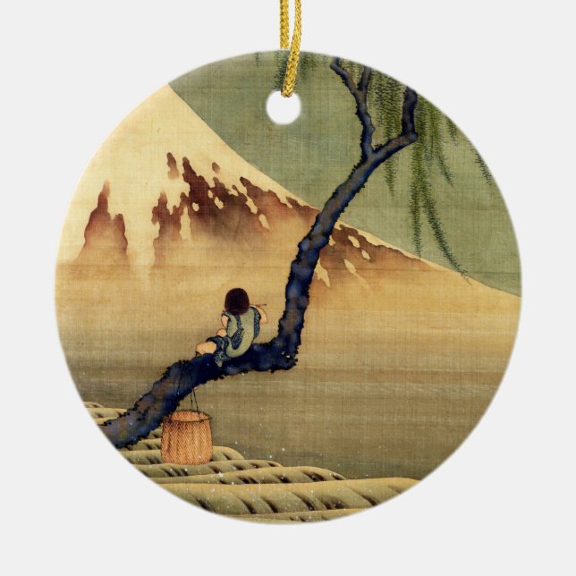 Ornamento De Cerâmica Hokusai Boy Vivendo o Monte Fuji Japonês (Frente)