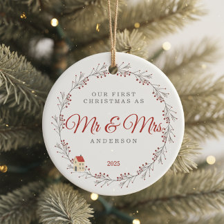 Ornamento De Cerâmica Holiday Berry Branch Christmas Newlyweds