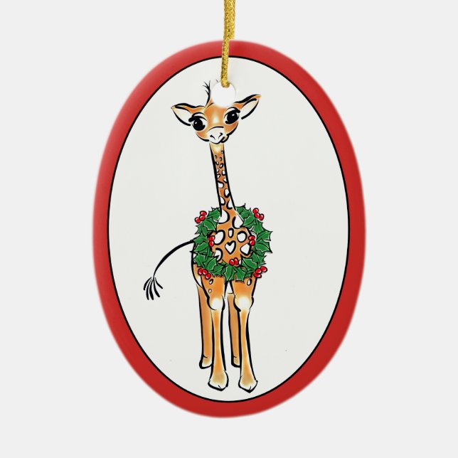 Ornamento De Cerâmica Holiday Giraffe - verde e vermelho Holly Wreath (Frente)