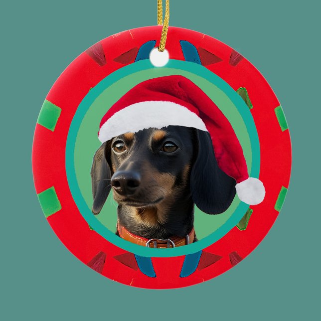 Ornamento De Cerâmica Holiday Green Red Your Dog or our Dachshund Photo  (Criador carregado)