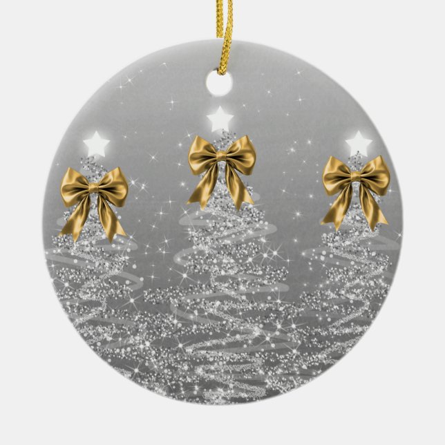 Ornamento De Cerâmica Holiday Greeting Silver Christmas Trees Gold Bows (Frente)