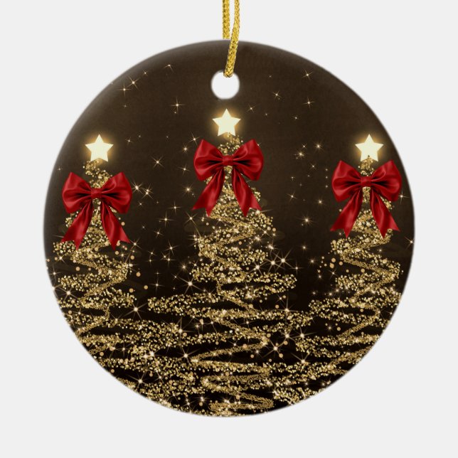 Ornamento De Cerâmica Holiday Greetings Gold Christmas Trees w/ Red Bows (Frente)