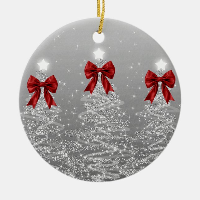 Ornamento De Cerâmica Holiday Greetings Silver Christmas Trees Red Bows (Frente)
