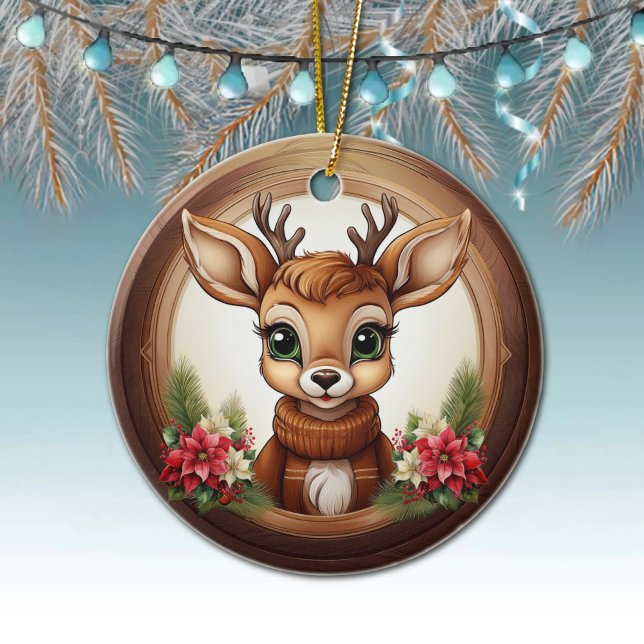 Ornamento De Cerâmica Holiday Reindeer Festive poinsettia flower 🦌🎄 (Holiday Reindeer Festive poinsettia flower Ceramic Ornament Cute Winter Woodland Wildlife Deer 🦌🎄)