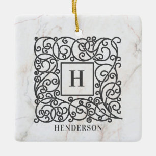 Ornamento De Cerâmica Holiday White Marble Monographic Nome da Família