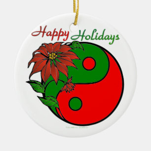 Ornamento De Cerâmica Holiday Yin Yang Poinsettia Green Red