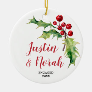 Ornamento De Cerâmica Holly Berries Greenery Personalizado Casal Envolvi