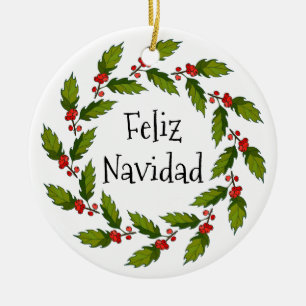 Ornamento De Cerâmica Holly Berries Wreath Design Ornament