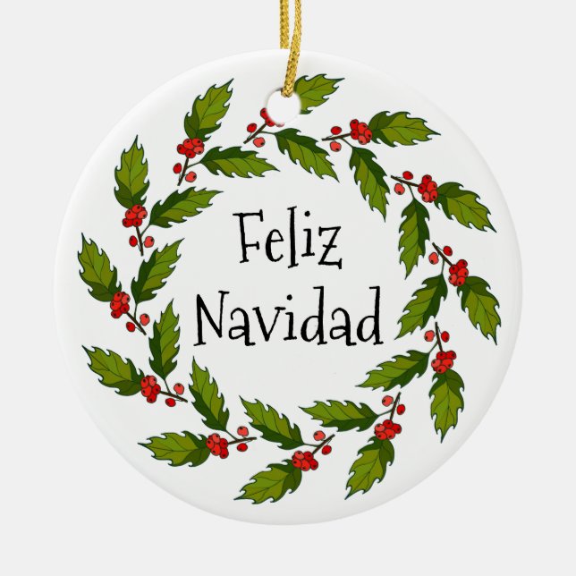 Ornamento De Cerâmica Holly Berries Wreath Design Ornament (Frente)