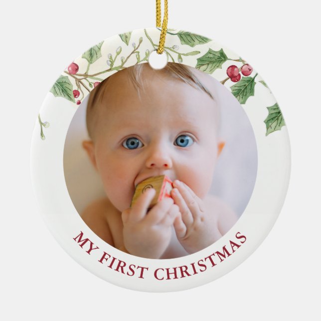 Ornamento De Cerâmica Holly Berry Baby first Christmas Photo Holiday (Frente)