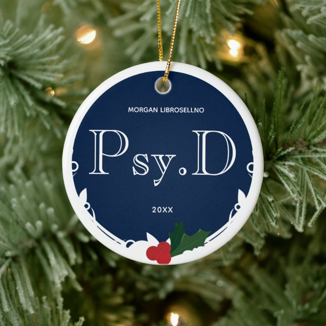 Ornamento De Cerâmica Holly Berry Blue White Name Year Psy.D Graduation (Árvore)