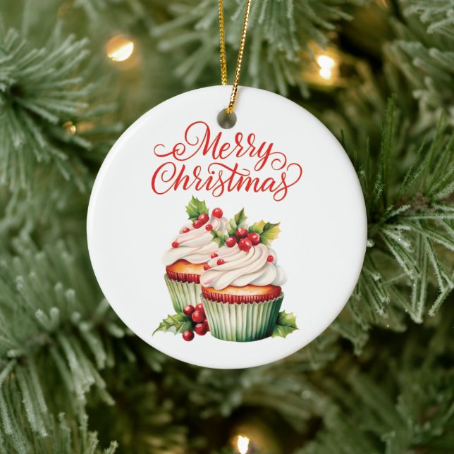 Ornamento De Cerâmica Holly Berry Cupcake de Natal (Árvore)