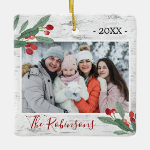 Ornamento De Cerâmica Holly Berry Rustic Birch PHOTO White Latido