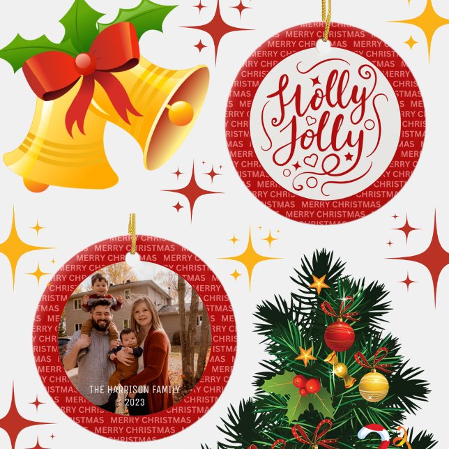 Ornamento De Cerâmica Holly Jolly Christmas Script Family Photo Red (Criador carregado)