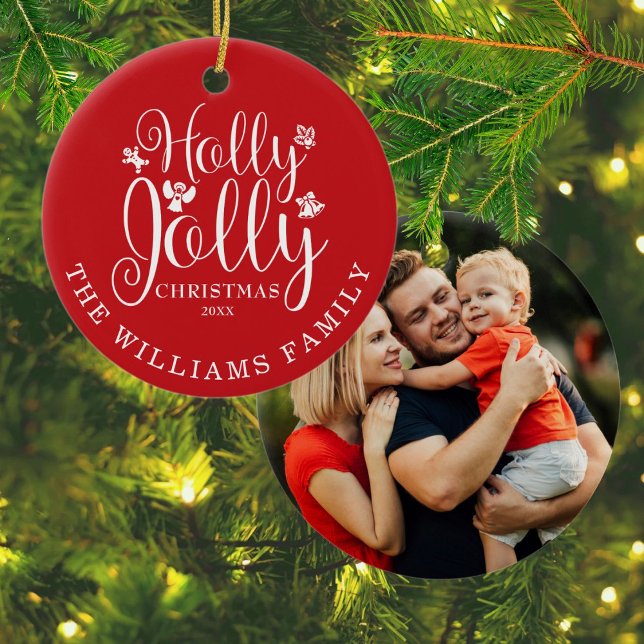 Ornamento De Cerâmica Holly Jolly Family Name Feriados de Natal (Holly Jolly Family Name Photo Christmas Holidays Ceramic Ornament)