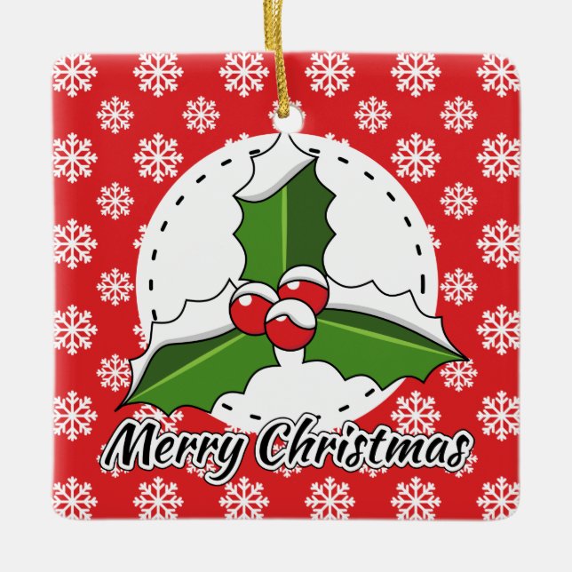 Ornamento De Cerâmica Holly on Red White Snowflakes - Feliz Natal (Frente)