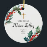 Ornamento De Cerâmica Holly Winter Floral Personalised Girl Baptism<br><div class="desc">Holly Winter Floral Personalizada Girl Ornament</div>