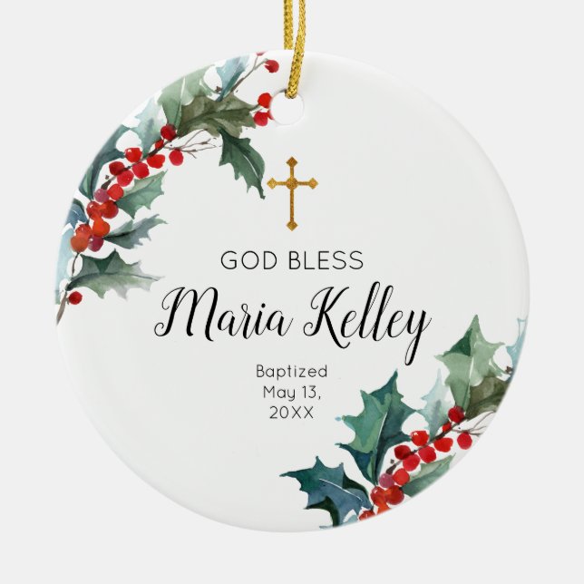 Ornamento De Cerâmica Holly Winter Floral Personalised Girl Baptism (Frente)