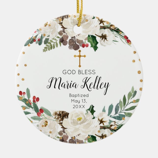 Ornamento De Cerâmica Holly Winter Floral Personalised Girl Baptism (Frente)