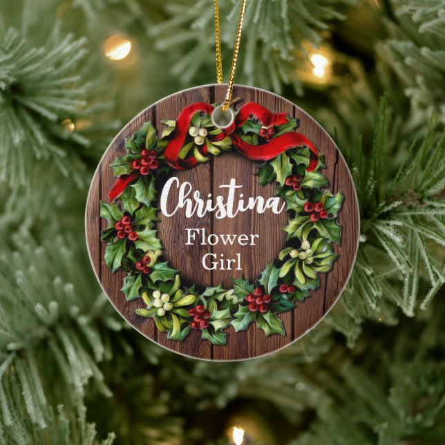 Ornamento De Cerâmica Holly Wreath Flower Girl Custom Wedding Party (Árvore)