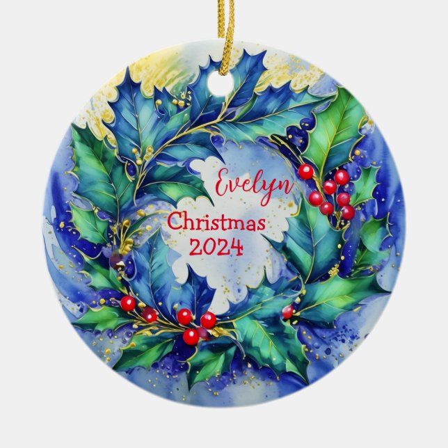 Ornamento De Cerâmica Holly Wreath Personalizado Ornament (Frente)
