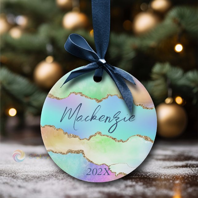 Ornamento De Cerâmica Holo Agate | Mármaco de madeira picante iridescent (Criador carregado)