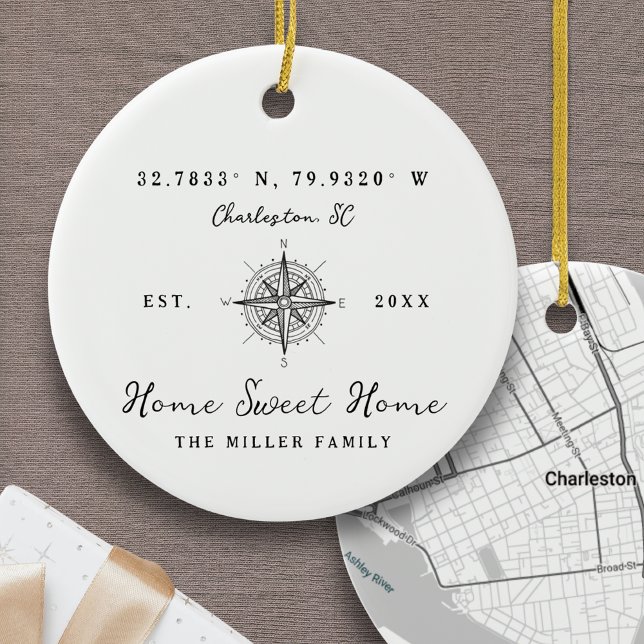 Ornamento De Cerâmica Home Sweet Home Latitude Longitude Personalized (Home Sweet Home Ornament Latitude and Longitude Coordinates Personalized Address Custom Location)