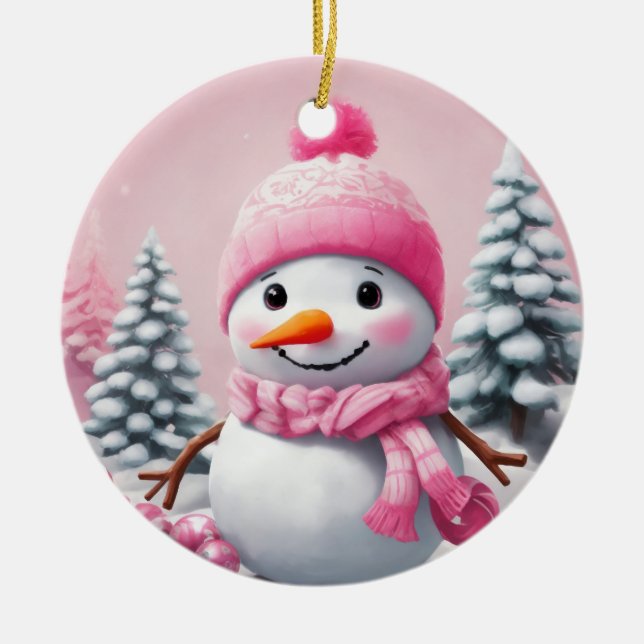 Ornamento De Cerâmica Homem de Neve de Natal Rosa Personalizado (Frente)