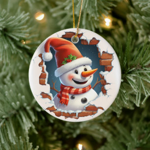 Ornamento De Cerâmica Homem de neve em Santa Chapéu - 3D
