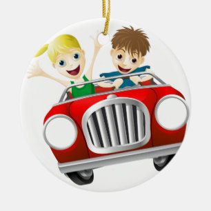 Ornamento De Cerâmica Homem e mulher dos desenhos animados no carro