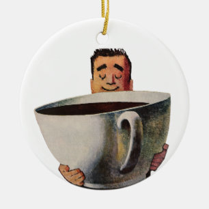 Ornamento De Cerâmica Homem feliz do vintage que bebe a chávena de caf