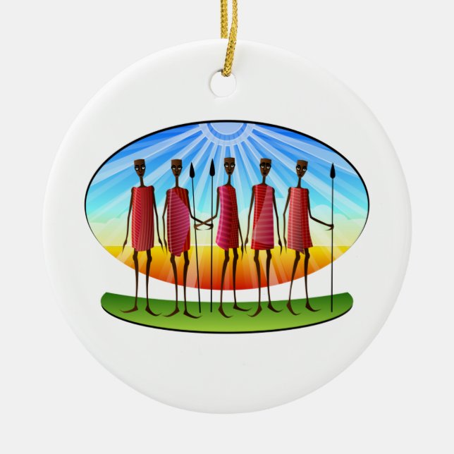 Ornamento De Cerâmica Homens Maasai com Spears Kwanzaa (Frente)