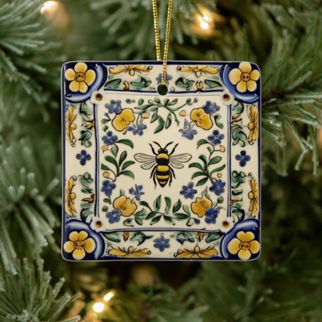 Ornamento De Cerâmica Honey Bee Traditional Blue Yellow Mediterranean (Árvore)