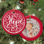 Ornamento De Cerâmica Hope Custom Baby Photo Christmas Holiday Red<br><div class="desc">Personalize facilmente este belo Enfeites de natal de design com a letra "Joy",  com o seu bebê personalizado ou fotografia da família no verso.</div>