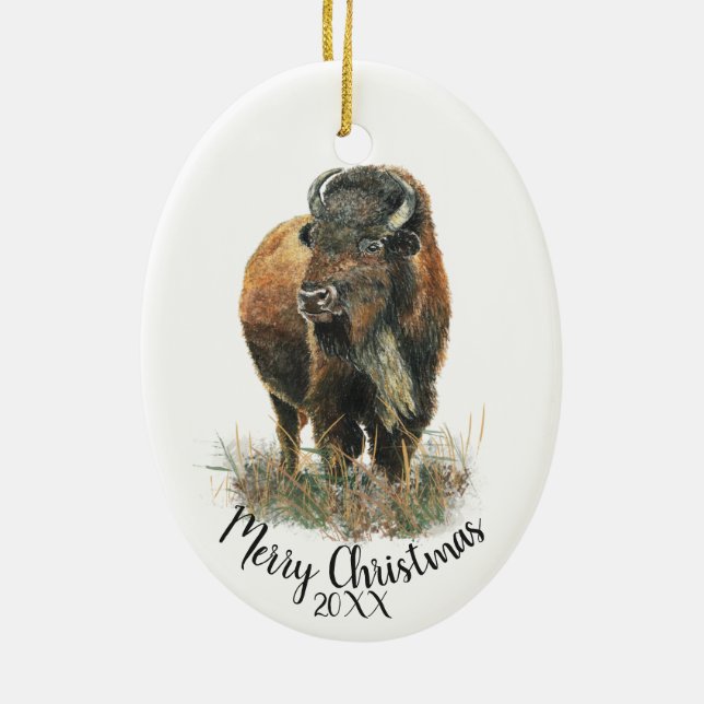 Ornamento De Cerâmica Horário de Natal Personalizado Bison Buffalo Ce (Verso)