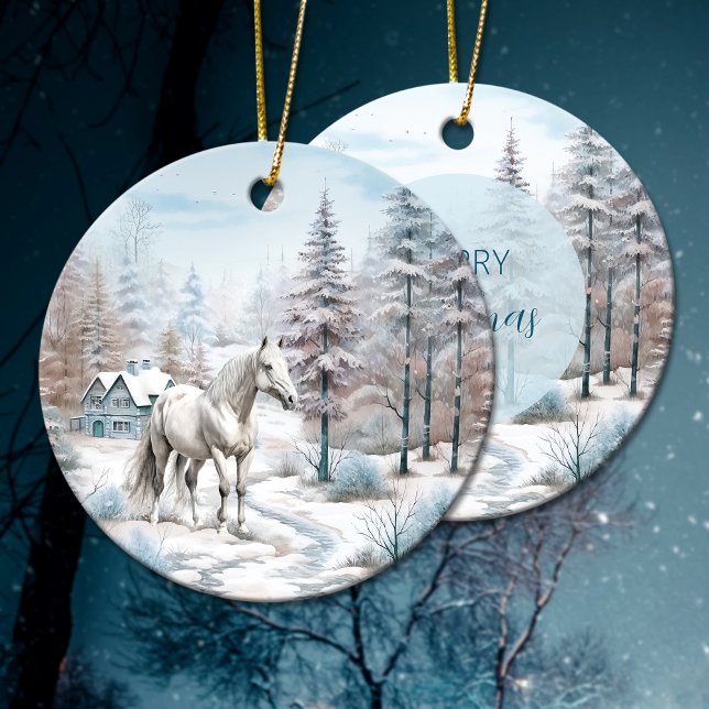 Ornamento De Cerâmica Horse cena de inverno neve no Natal (Horse winter scene snow forest Christmas Ceramic Ornament)