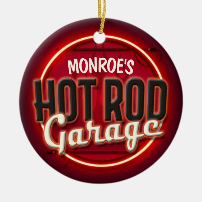 Ornamento De Cerâmica Hot Rod Flames Nome Personalizado Garagem Personal (Frente)