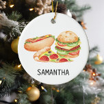 Ornamento De Cerâmica Hotdog de Hamburger de Comida Rápida Personalizado<br><div class="desc">Este design pode ser personalizado na área fornecida pela alteração da foto e/ou do texto. Ou pode ser personalizado escolhendo o clique para personalizar outra opção e excluir ou alterar a cor do plano de fundo, adicionar texto, alterar a cor ou o estilo do texto ou excluir o texto de...</div>
