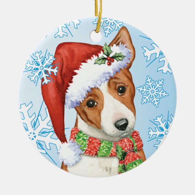 Ornamento De Cerâmica Howliday feliz Basenji (Frente)