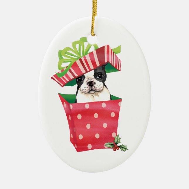 Ornamento De Cerâmica Howliday feliz Boston Terrier (Frente)