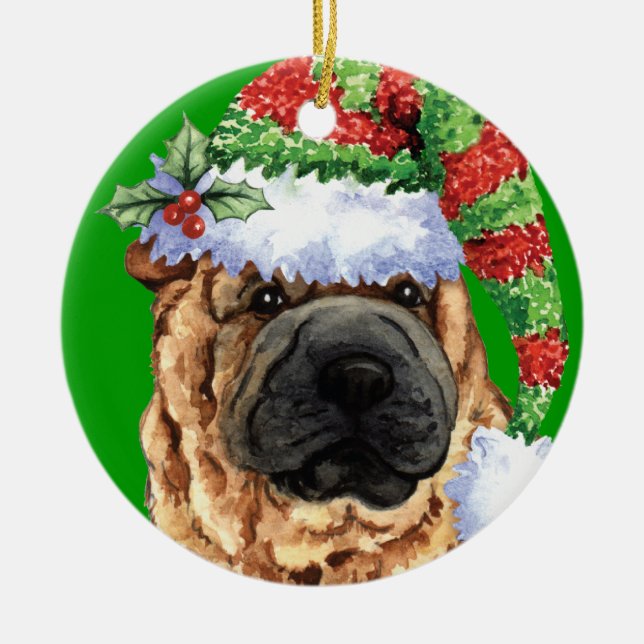 Ornamento De Cerâmica Howliday feliz Shar-Pei (Frente)