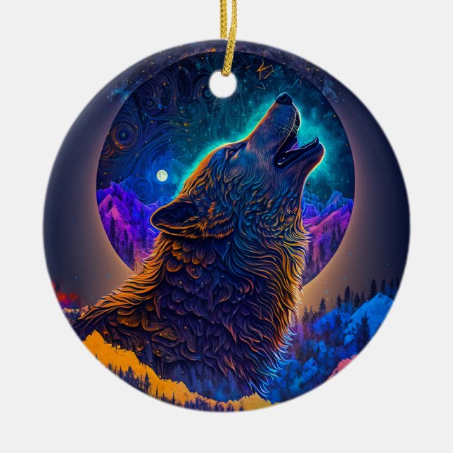 Ornamento De Cerâmica Howling Wolf Surreal Fantasy (Frente)