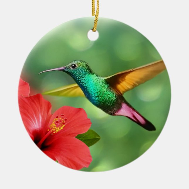 Ornamento De Cerâmica Hummingbird bonito com flor (Frente)